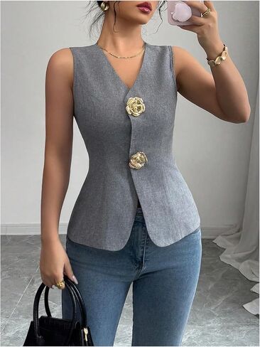 GORGLITTER Women's 3D Flower Metallic Vest Tops Button Up Waistcoat V Neck Sleeveless Vest Blazers in Saudi Arabia