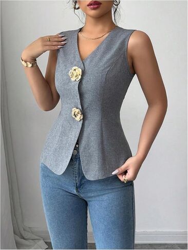 GORGLITTER Women's 3D Flower Metallic Vest Tops Button Up Waistcoat V Neck Sleeveless Vest Blazers in Saudi Arabia
