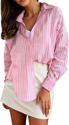 utcoco Womens Striped Button Down Shirts Casual Loose Fit Long Sleeve Blouses Tops in Saudi Arabia