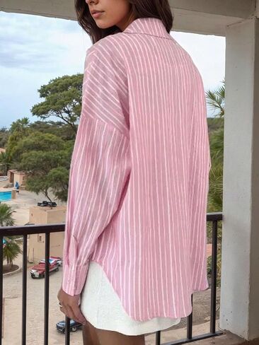 utcoco Womens Striped Button Down Shirts Casual Loose Fit Long Sleeve Blouses Tops in Saudi Arabia