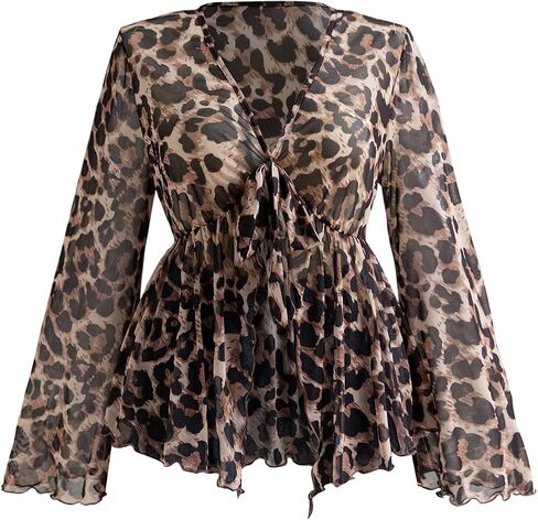 Women's Plus Size Tribal Print Blouses Bell Long Sleeve Shirt Tie Front V Neck Ruffle Flared Peplum Tops in Saudi Arabia