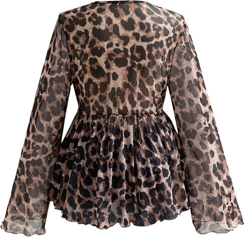 Women's Plus Size Tribal Print Blouses Bell Long Sleeve Shirt Tie Front V Neck Ruffle Flared Peplum Tops in Saudi Arabia