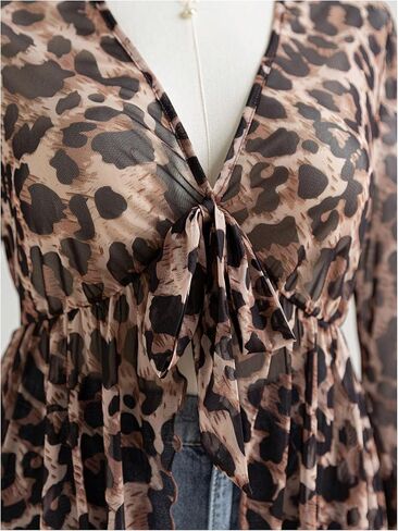 Women's Plus Size Tribal Print Blouses Bell Long Sleeve Shirt Tie Front V Neck Ruffle Flared Peplum Tops in Saudi Arabia