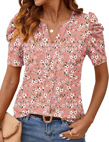 قمم Rapbin Womens Summer Tops 2025 Puff Short Sleeve v Neck T Shirts Dary Dring Spring Blouses for Women in Kuwait