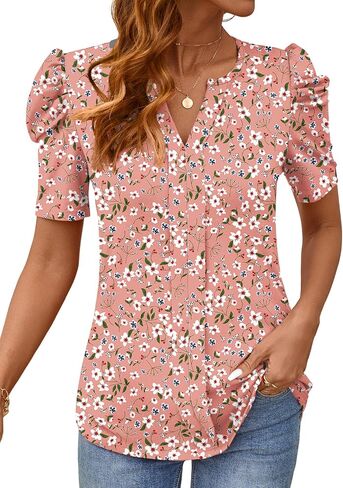 قمم Rapbin Womens Summer Tops 2025 Puff Short Sleeve v Neck T Shirts Dary Dring Spring Blouses for Women in Kuwait