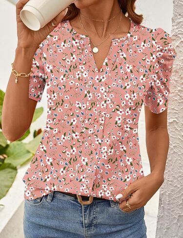 قمم Rapbin Womens Summer Tops 2025 Puff Short Sleeve v Neck T Shirts Dary Dring Spring Blouses for Women in Kuwait