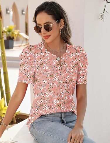 قمم Rapbin Womens Summer Tops 2025 Puff Short Sleeve v Neck T Shirts Dary Dring Spring Blouses for Women in Kuwait