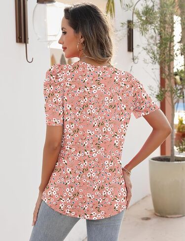 قمم Rapbin Womens Summer Tops 2025 Puff Short Sleeve v Neck T Shirts Dary Dring Spring Blouses for Women in Kuwait