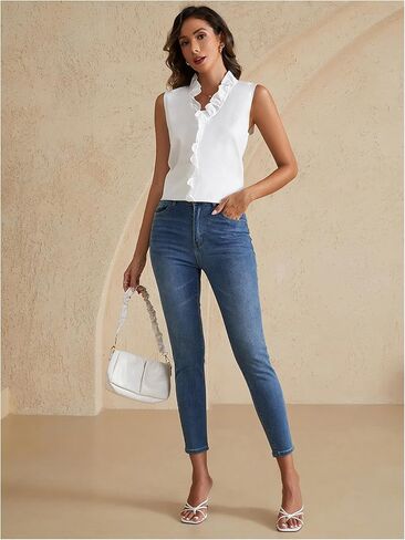 Women's Elegant Frill Trim V Neck Blouse Sleeveless Dressy Casual Summer Shirts in Saudi Arabia
