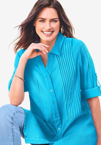 Woman Within Plus Size Pintucked Button Down Gauze Shirt in Saudi Arabia