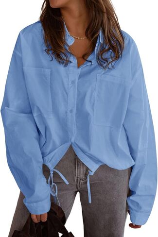 Tankaneo Womens Cropped Button Down Shirts Casual Long Sleeve V Neck Blouse Fall Loose Fit Drawstring Hem Top in Saudi Arabia