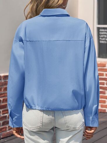 Tankaneo Womens Cropped Button Down Shirts Casual Long Sleeve V Neck Blouse Fall Loose Fit Drawstring Hem Top in Saudi Arabia