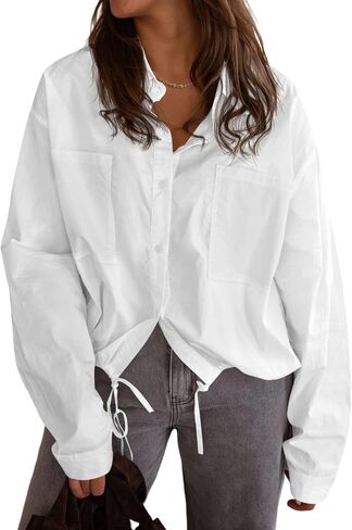 Tankaneo Womens Cropped Button Down Shirts Casual Long Sleeve V Neck Blouse Fall Loose Fit Drawstring Hem Top in Saudi Arabia