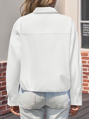 Tankaneo Womens Cropped Button Down Shirts Casual Long Sleeve V Neck Blouse Fall Loose Fit Drawstring Hem Top in Saudi Arabia