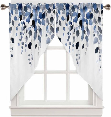 Blue Eucalyptus Swag Curtains Valance For Kitchen Windows,Wide Rod Pocket Botanical White Curtain Drapes,Light Filtering Aesthetic Leaves Drapery Panels for Bedroom Bathroom Cafe Living Room,56"Wx36"H in Saudi Arabia