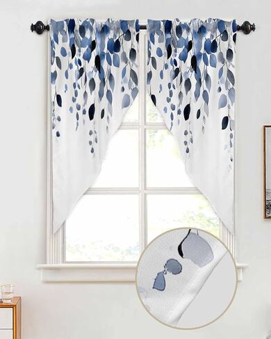 Blue Eucalyptus Swag Curtains Valance For Kitchen Windows,Wide Rod Pocket Botanical White Curtain Drapes,Light Filtering Aesthetic Leaves Drapery Panels for Bedroom Bathroom Cafe Living Room,56"Wx36"H in Saudi Arabia