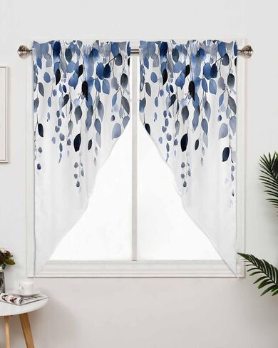 Blue Eucalyptus Swag Curtains Valance For Kitchen Windows,Wide Rod Pocket Botanical White Curtain Drapes,Light Filtering Aesthetic Leaves Drapery Panels for Bedroom Bathroom Cafe Living Room,56"Wx36"H in Saudi Arabia