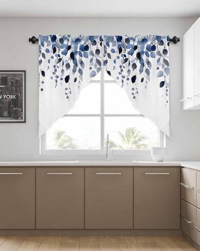 Blue Eucalyptus Swag Curtains Valance For Kitchen Windows,Wide Rod Pocket Botanical White Curtain Drapes,Light Filtering Aesthetic Leaves Drapery Panels for Bedroom Bathroom Cafe Living Room,56"Wx36"H in Saudi Arabia