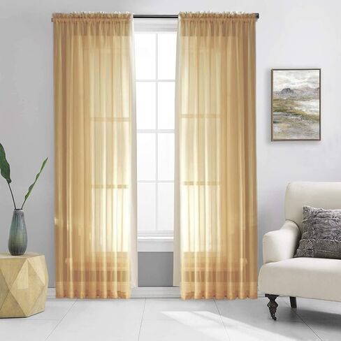 2PC Sheer Standard Size 52" Wide X 84" Lenght Solid Plain Color Soft Voile Sheer Window Curtain Panel Rod Pocket Drape Treatment for Multiple Use (Gold Honey) in Saudi Arabia