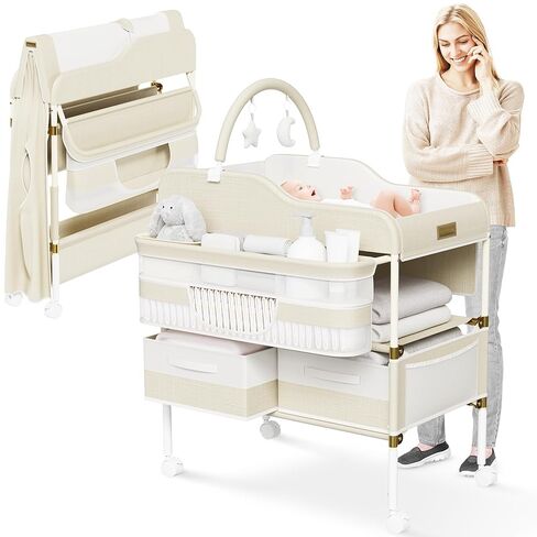 Luxury Baby Changing Table with Wheels - Modern Dresser Changing Tables w/Hanging Toys, Laundry Bag, Changing Table Organizer Boxes - Folding Waterproof Baby Diaper Changing Station for Nursery Room in Saudi Arabia