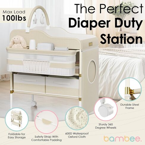 Luxury Baby Changing Table with Wheels - Modern Dresser Changing Tables w/Hanging Toys, Laundry Bag, Changing Table Organizer Boxes - Folding Waterproof Baby Diaper Changing Station for Nursery Room in Saudi Arabia
