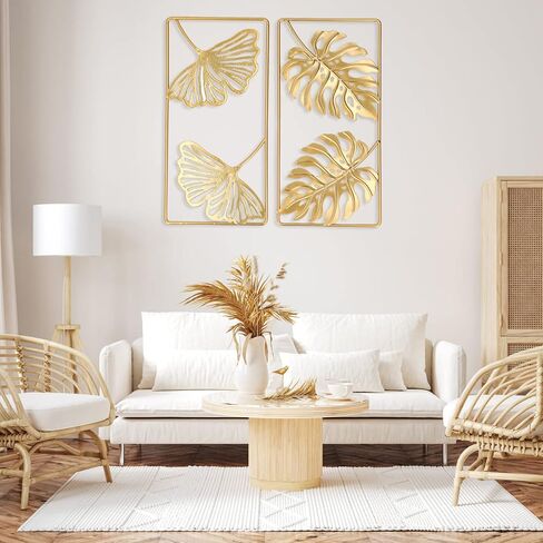 Metal Wall Decor, Strong Iron Ginkgo Leaf Wall Sculpture, Gold Modern Leaf Wall Decor with Frame for Living Room, Office, Study, Home, Bedroom, Hanging Parts Hotel Wall Decoration in Saudi Arabia