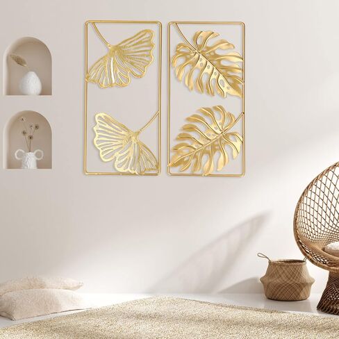 Metal Wall Decor, Strong Iron Ginkgo Leaf Wall Sculpture, Gold Modern Leaf Wall Decor with Frame for Living Room, Office, Study, Home, Bedroom, Hanging Parts Hotel Wall Decoration in Saudi Arabia