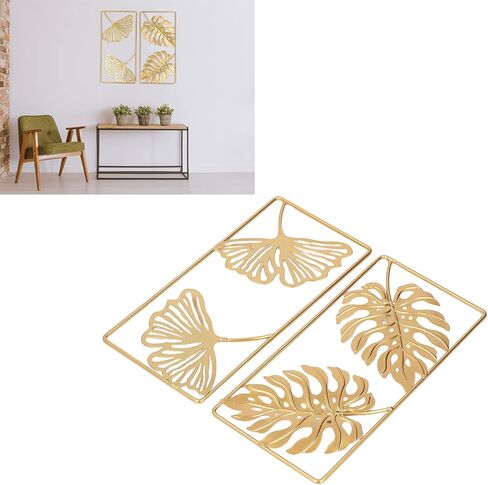 Metal Wall Decor, Strong Iron Ginkgo Leaf Wall Sculpture, Gold Modern Leaf Wall Decor with Frame for Living Room, Office, Study, Home, Bedroom, Hanging Parts Hotel Wall Decoration in Saudi Arabia