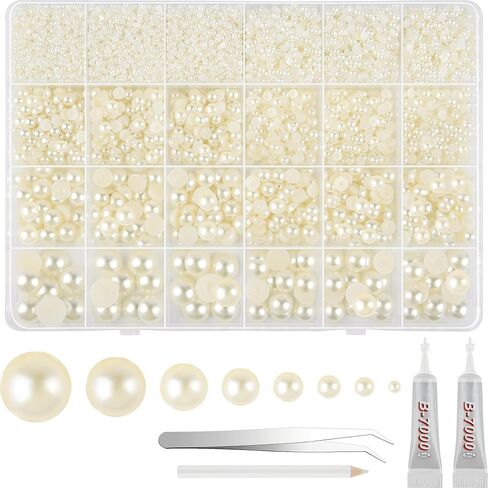 NEBURORO 13000 PCS أبيض مسطح لؤلؤة أكياس 8 أحجام مع ملقط وقلم رصاص بانك باكب بيدس بيدز نصف جولة لؤلؤه لصياغة أحذية مكياج الحرف اليدوية DIY in Kuwait