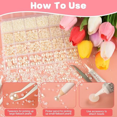NEBURORO 13000 PCS أبيض مسطح لؤلؤة أكياس 8 أحجام مع ملقط وقلم رصاص بانك باكب بيدس بيدز نصف جولة لؤلؤه لصياغة أحذية مكياج الحرف اليدوية DIY in Kuwait