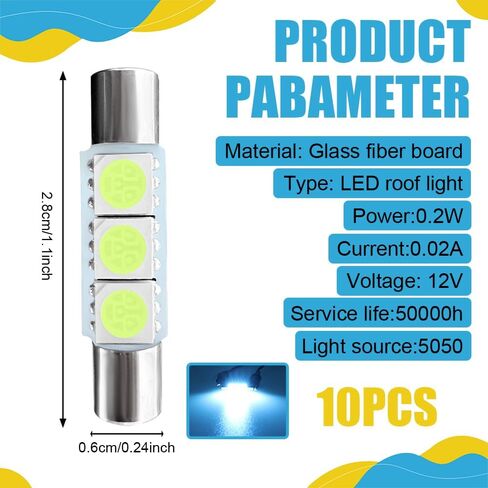 10PCS T6 5050 Car LED Sun Visor Lights, Festoon LED Bulb, Car 28mm LED Reading Light, Car Interior Sun Visor Vanity Mirror Dome Light Lamp Universal for Most Vehicles (Ice blue) in Kuwait