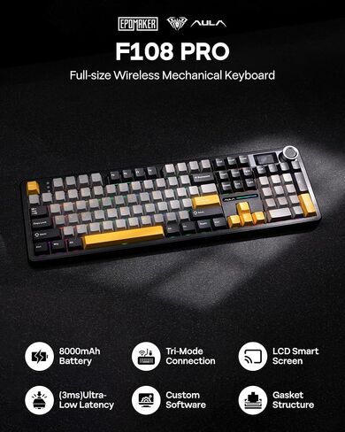 EPOMAKER X Aula F108 PRO Wireless Gaming Keyboard with Screen, 8000mAh Battery, 104 Hot-Swappable and Programmable Keys and Knob, RGB Backlight, for Mac/PC/Android (Black Gradient) in Saudi Arabia