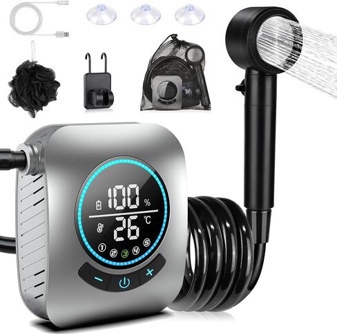 Portable Shower for Camping, [Upgraded] Spopal 8000mAh Rechargeable Camping Shower with 5 Adjustable Speeds, 4 Spray Modes, LED Display, IPX8 Waterproof Outdoor Shower Kit for Hiking, Travel, Car, Pet in Saudi Arabia