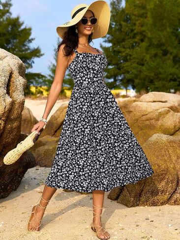 ثياب طويلة بالتأكيد للنساء 2025 بلا أكمام تمثال نصفي Swing aline ملتوية حزام سباغيتي sundress مع جيوب in Kuwait