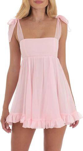 Women's Babydoll Mini Dress Tie Shoulder Backless Bow Party Summer Sundress Flowy Short Graduation Dress in Kuwait