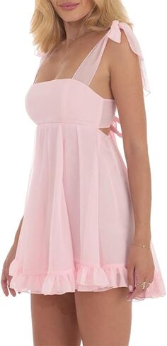 Women's Babydoll Mini Dress Tie Shoulder Backless Bow Party Summer Sundress Flowy Short Graduation Dress in Kuwait