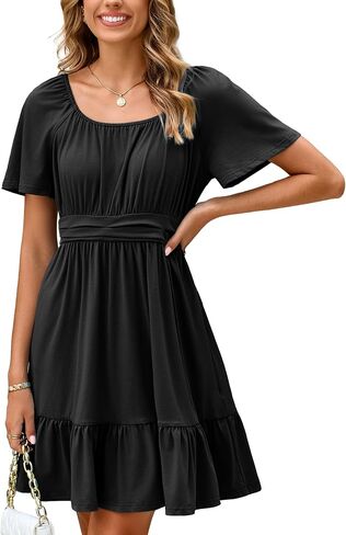 Simplee Womens Summer Dresses 2025 Mini Square Neck Casual Short Sleeve Shirred Flowy A-Line Dress with Pockets in Saudi Arabia
