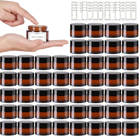 AuroTrends 1 oz Glass Jars with Lids 48Pack- Mini Amber Glass Jar/Cosmetic Containers with UV Protection,Travel Labels (30ml, Set of 48) in Kuwait