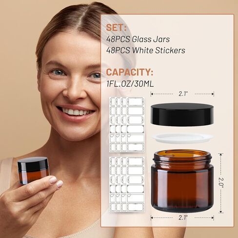 AuroTrends 1 oz Glass Jars with Lids 48Pack- Mini Amber Glass Jar/Cosmetic Containers with UV Protection,Travel Labels (30ml, Set of 48) in Kuwait