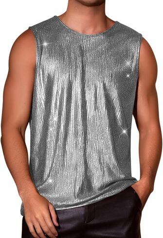 Lars Amadeus Glitter Tank Top for Men's Shiny Sleeveless T-Shirt Disco Party Metallic Vest in Saudi Arabia