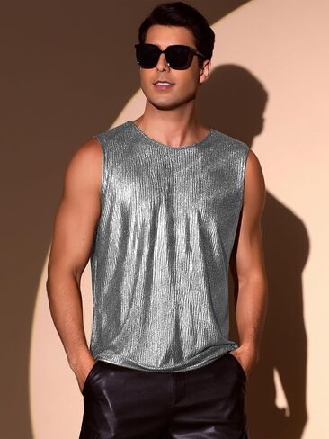 Lars Amadeus Glitter Tank Top for Men's Shiny Sleeveless T-Shirt Disco Party Metallic Vest in Saudi Arabia