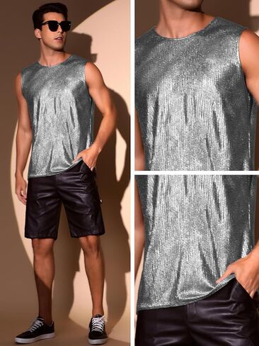 Lars Amadeus Glitter Tank Top for Men's Shiny Sleeveless T-Shirt Disco Party Metallic Vest in Saudi Arabia