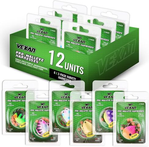 Vexan Glow Walleye Spinner Rig – Worm Harness with Live Bait Rig for Walleye Fishing, Crawler Harness and Fishing Lures (12-Count, Variety Pack) in Kuwait