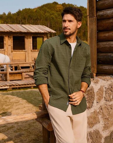 PJ PAUL JONES Men's Casual Button Down Shirts Long Sleeve Textured Wrinkle Free Untucked Shirt with Pocket in Saudi Arabia