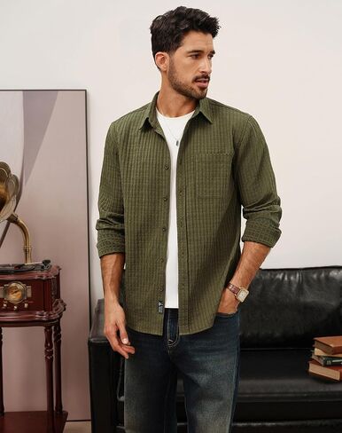 PJ PAUL JONES Men's Casual Button Down Shirts Long Sleeve Textured Wrinkle Free Untucked Shirt with Pocket in Saudi Arabia