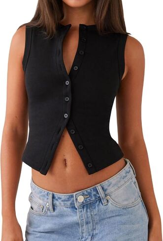 Luckinbaby Women Y2k Knitted Button Down Tank Top Summer Ribbed Sleeveless Vest Tops Sleeveless Slim Fit Cropped Shirts in Kuwait