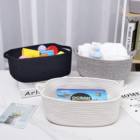 Abenkle Cotton Rope Storage Basket ، سلال حضانة الأطفال للأرفف خزانة ، منظم الرف المستطيل ، سلة تخزين الألعاب ، سلة الهدايا ، 14.2 × 8.7 × 7.1 بوصة ، أبيض in Kuwait