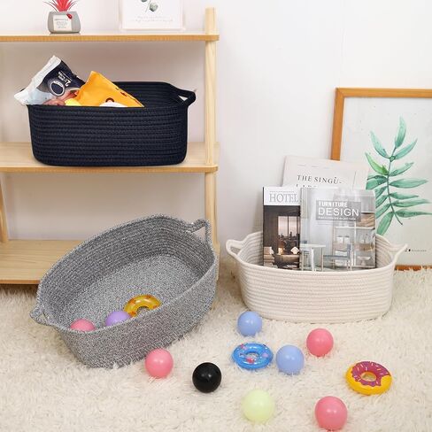 Abenkle Cotton Rope Storage Basket ، سلال حضانة الأطفال للأرفف خزانة ، منظم الرف المستطيل ، سلة تخزين الألعاب ، سلة الهدايا ، 14.2 × 8.7 × 7.1 بوصة ، أبيض in Kuwait
