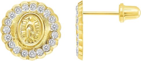 14k Yellow Gold Cubic Zirconia Round Our Lady Of Guadalupe Stud Earrings with Screw Back in Saudi Arabia