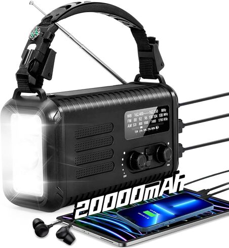 20000mAh / 74000mWh Emergency Crank Radio, NOAA/AM/FM Portable Weather Radio, Solar Hand Crank Radio, Battery Powered with USB Phone Charger, Flashlight Reading Lamp & SOS for Survival Camping in Kuwait